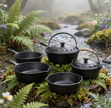 Rustic black cast iron cookware set featuring pots and pans on mossy rocks by a misty woodland stream.