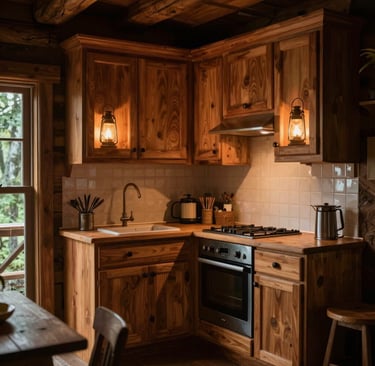 A cozy kitchen nook with deep wood cabinetry and soft glowing lanterns, evoking a forest cabin feel.