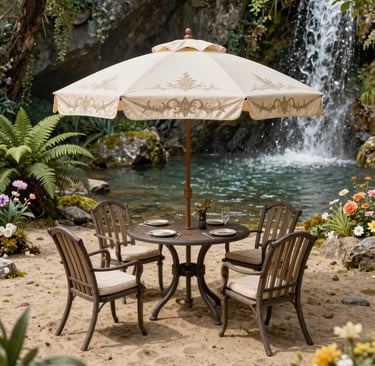 Elegant patio furniture set with a tan umbrella and round dining table near a tropical garden waterfall.