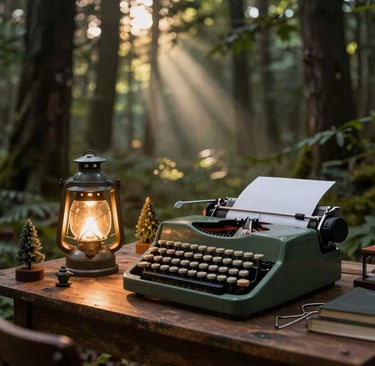A cozy desk with a glowing lantern and scattered forest-themed trinkets beside a vintage typewriter.