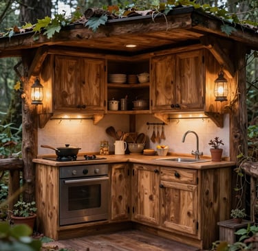Rustic outdoor kitchen in a wooden cabin featuring wood cabinets, lanterns, and modern appliances.