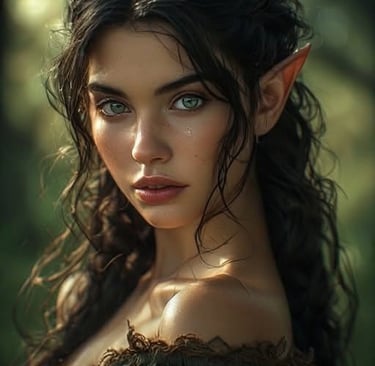 Portrait of a fantasy elf woman with pointed ears and long dark hair in a forest setting.