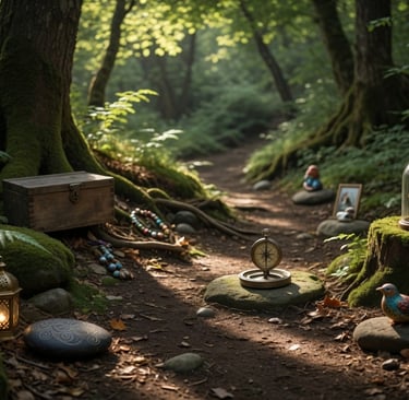 Magical forest path featuring a vintage compass, wooden treasure chest, and lantern on mossy ground.