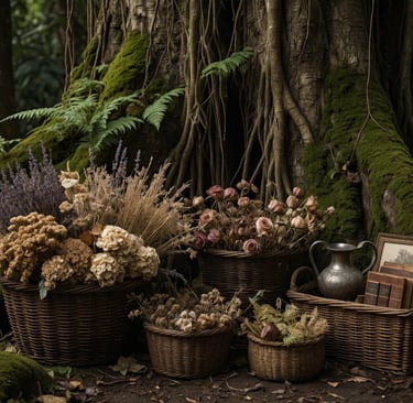 Rustic wicker baskets filled with dried flowers and vintage books beneath a mossy forest tree.