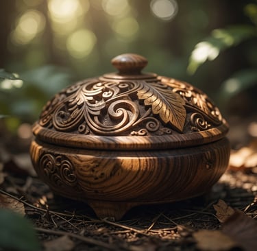 Hand-carved decorative wooden bowl with ornate lid resting on a forest floor with soft sunlight.