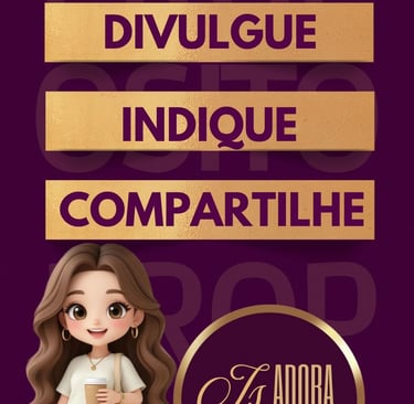 Portuguese marketing graphic with female character and Ts. Adora brand logo on purple background.