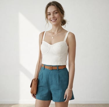 mujer-con-blusa-de-lino-y-short-verde