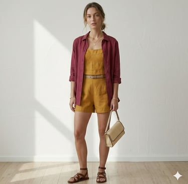 mujer-con-conjunto-de-lino-mostaza-y-camisa-vinotinto