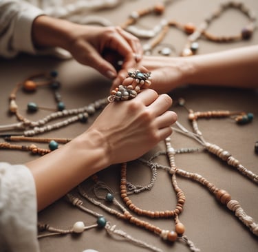 Manos artesanas elaborando joyas boho hechas a mano con cuentas naturales