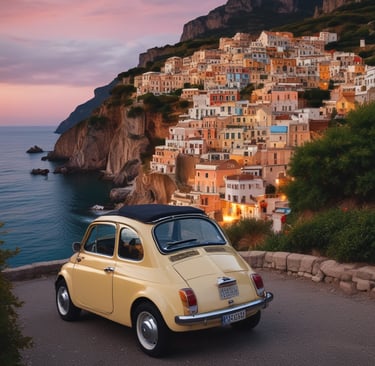A winding coastal road along the Amalfi Coast with a vintage car driving at sunset.