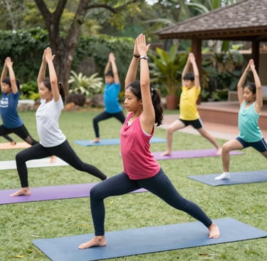 A joyful group photo of kids and their instructor celebrating after a yoga session outdoors.