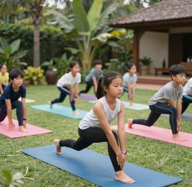 A group of children joyfully practicing yoga poses on colorful mats in a bright, sunlit studio.