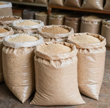 Bags of sesame seeds stacked neatly in a warehouse in Africa.