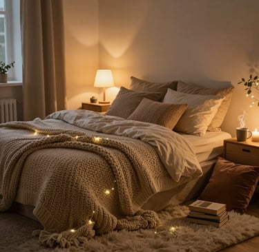 A sunlit cozy cottage living room with soft pastel cushions and rustic wooden shelves filled with charming decor.