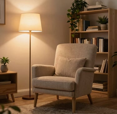 A sunlit cozy corner with cottagecore decor, soft pastel cushions, and a vintage teacup on a wooden side table.