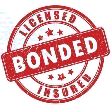 Red circular stamp with distressed texture reading Licensed, Bonded, and Insured for professional services.