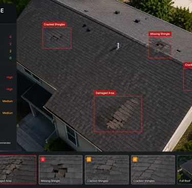 AI roof damage assessment showing damaged and missing shingles