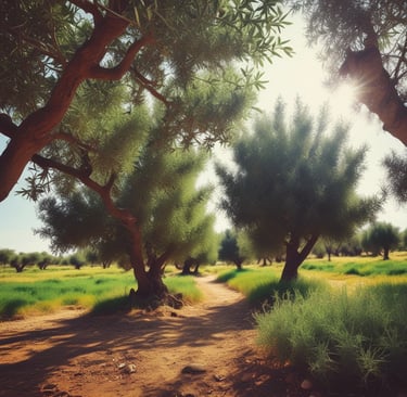 A close-up of fresh green olives hanging on a tree branch in Cyprus under warm sunlight.