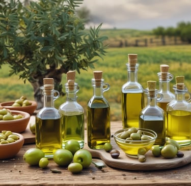 Bottles of golden olive oil neatly arranged on rustic wooden shelves in a cozy shop.