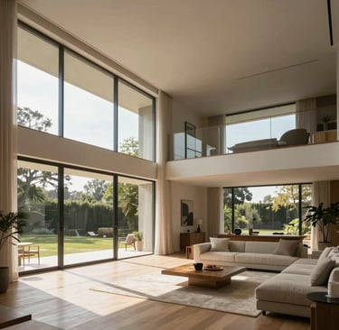 maison contemporaine lumineuse, architecture moderne baies vitrées, intérieur lumière naturelle
