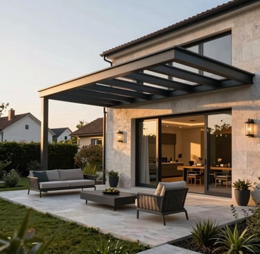 pergola aluminium moderne, terrasse maison contemporaine, pergola bioclimatique jardin