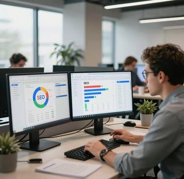 SEO entreprise moderne, référencement Google bureau, stratégie digitale entreprise