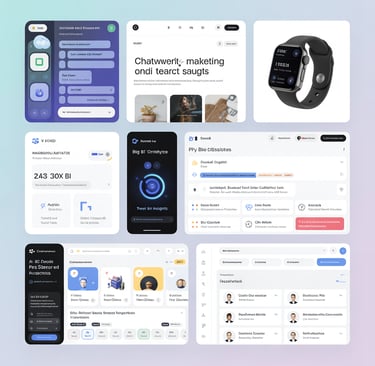 Colagem IA: chatbot, artigo, smartwatch, dashboard, código, banner e recrutamento – 7 estratégias IA