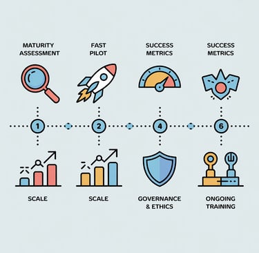 Linha do tempo IA generativa: avaliação, piloto, métricas, escala, governança e treinamento.