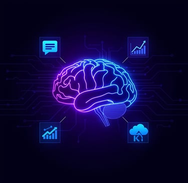 Cérebro IA com ícones de chat, gráfico e protótipo, simbolizando transformação 2024.