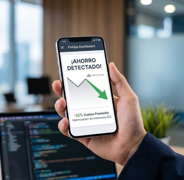 Smartphone con dashboard de FinOps mostrando 32% de ahorro en costos de AWS Cloud.