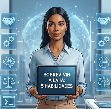 Líder TI dirigiendo con 5 habilidades clave (estrategia, ética, etc.) y robot colaborativo ante IA.