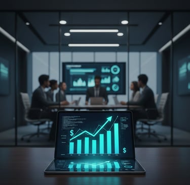 Laptop con gráfica de crecimiento financiero en sala de juntas. IT como motor de ingresos.