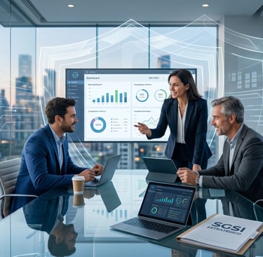 Líderes analizando dashboard de cumplimiento y SGSI estratégico en oficina ejecutiva moderna.