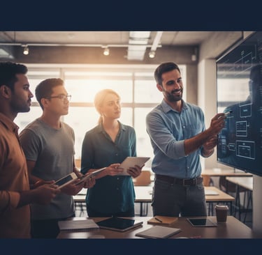 Líder técnico dirigiendo sesión estratégica con equipo de ingenieros en oficina moderna.