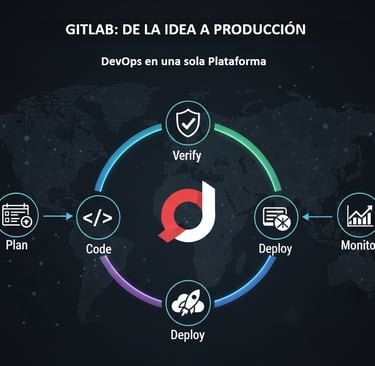 Infografía del ciclo DevSecOps en GitLab: Plan, Code, Verify, Deploy y Monitor.