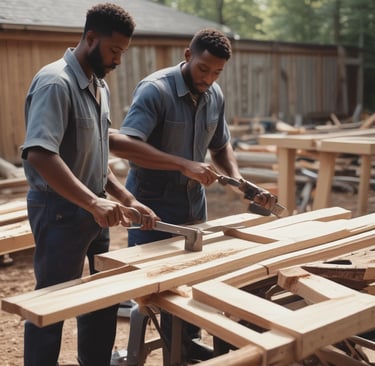 Two skilled woodworkers using hand tools to shape lumber using timber in construction in Uasin Gishu