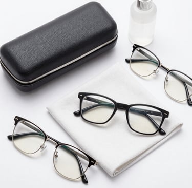 A pair of stylish reading glasses placed on an open book with soft background