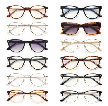 Close-up of elegant eyeglass frames displayed on a minimalist wooden stand