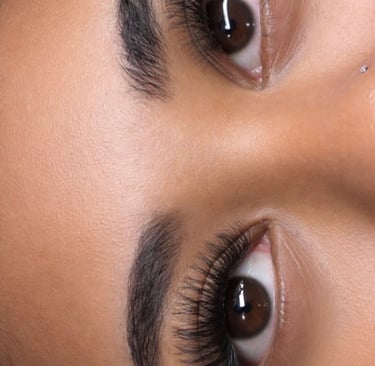 Extreme close-up of voluminous eyelash extensions and groomed eyebrows on brown eyes.