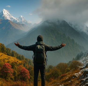 Four-season Himalayan panorama with a trekker embracing nature’s changing beauty.