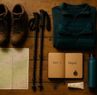 Laid-out beginner trekking gear including boots, layers, and journal ready for Day 1 in Nepal.