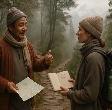 A local guide supports a beginner trekker through misty forest trails in Nepal.
