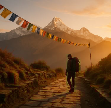 A new trekker walks into the sunrise on a Himalayan trail, prayer flags above and mountains behind—n