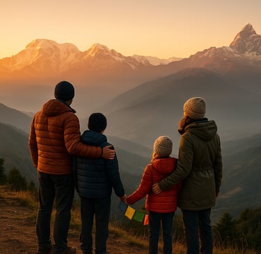 Family with children trekking through Ghandruk with Machapuchare in the background.