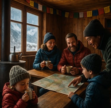Family shares tea and warmth inside a Himalayan lodge on a trek.