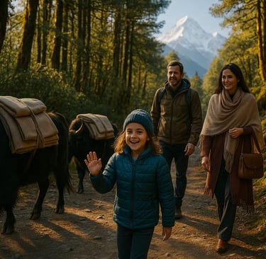 Young girl leads a family hike near Poon Hill, waving at yaks.