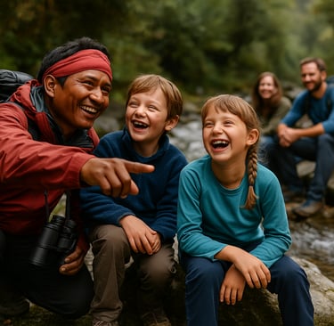 Trekking guide playing and teaching kids about nature on the trail.