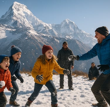 Family snowball fight with Himalayan peaks in the background.