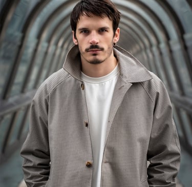 Portrait d’un modèle masculin dans la passerelle vitrée de La Défense à Paris, ambiance urbaine et symétrique.