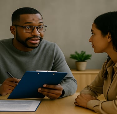 Cybersecurity consultant discussing policy requirements with a client.